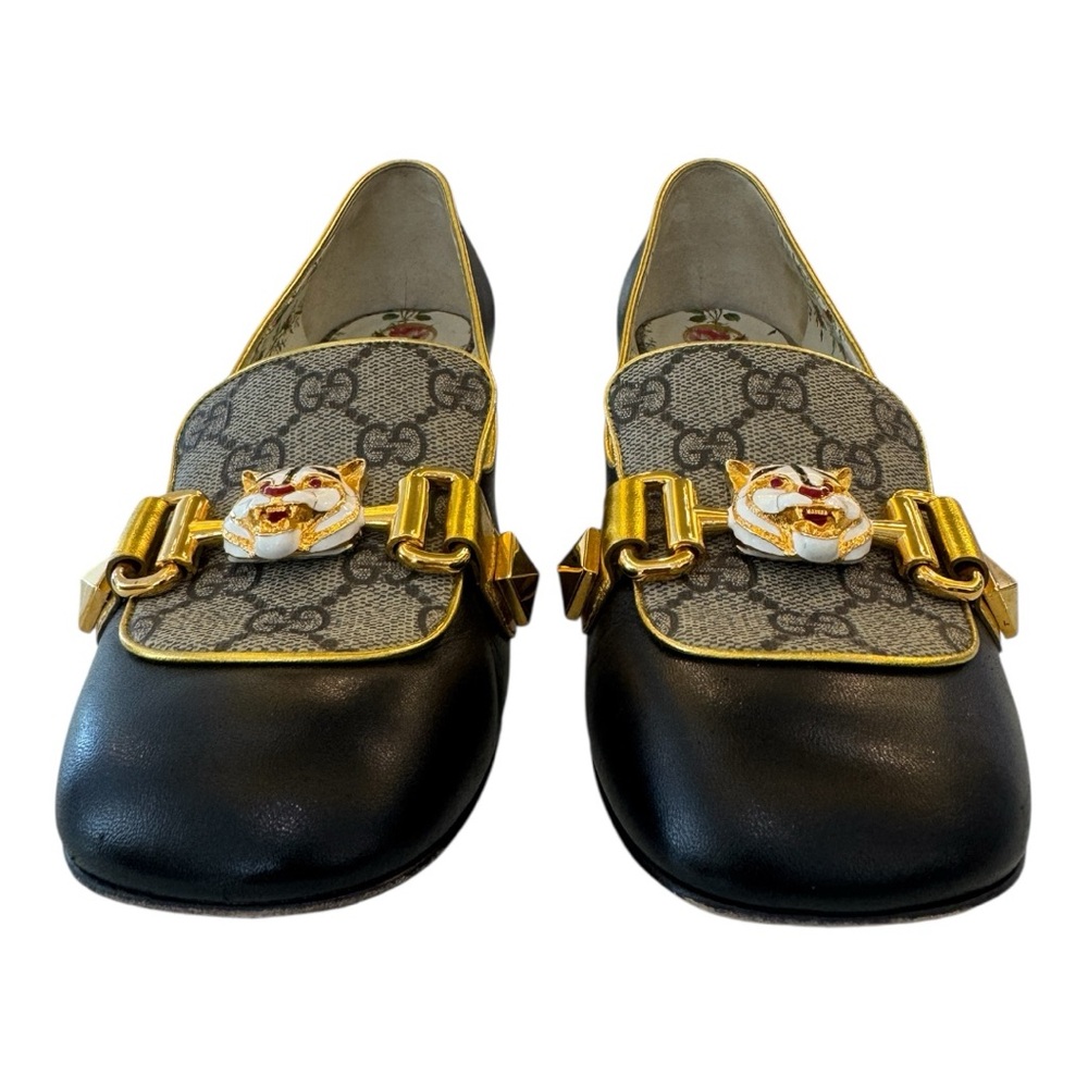 Gucci Black Leather & GG Canvas pumps with Gold Hardware and Floral Lining - Picture 6 of 6
